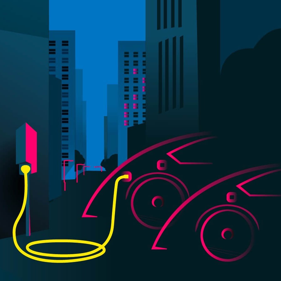 Illustration mit E-Autos in einer Großstadt die gerade geladen werden