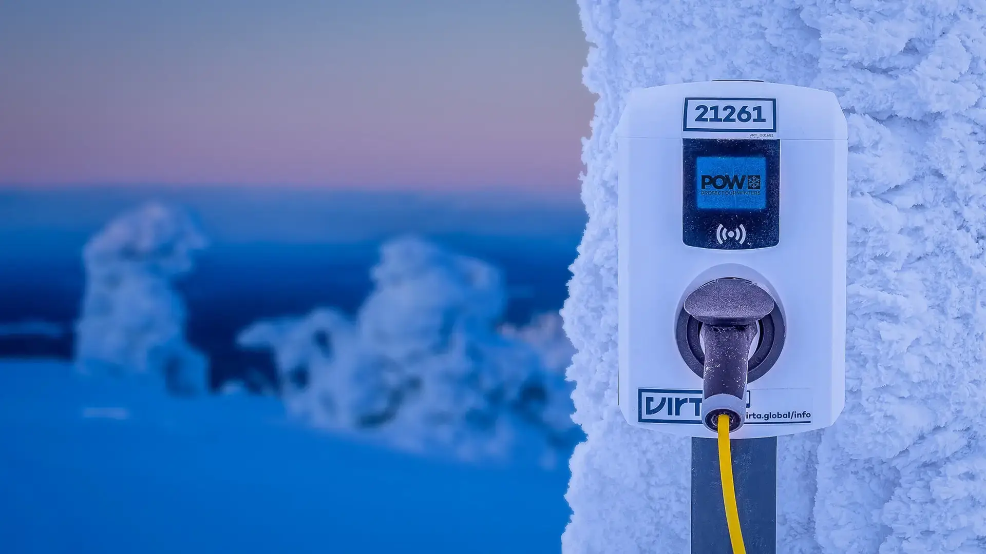 Virta single AC charger in frozen snowy landscape